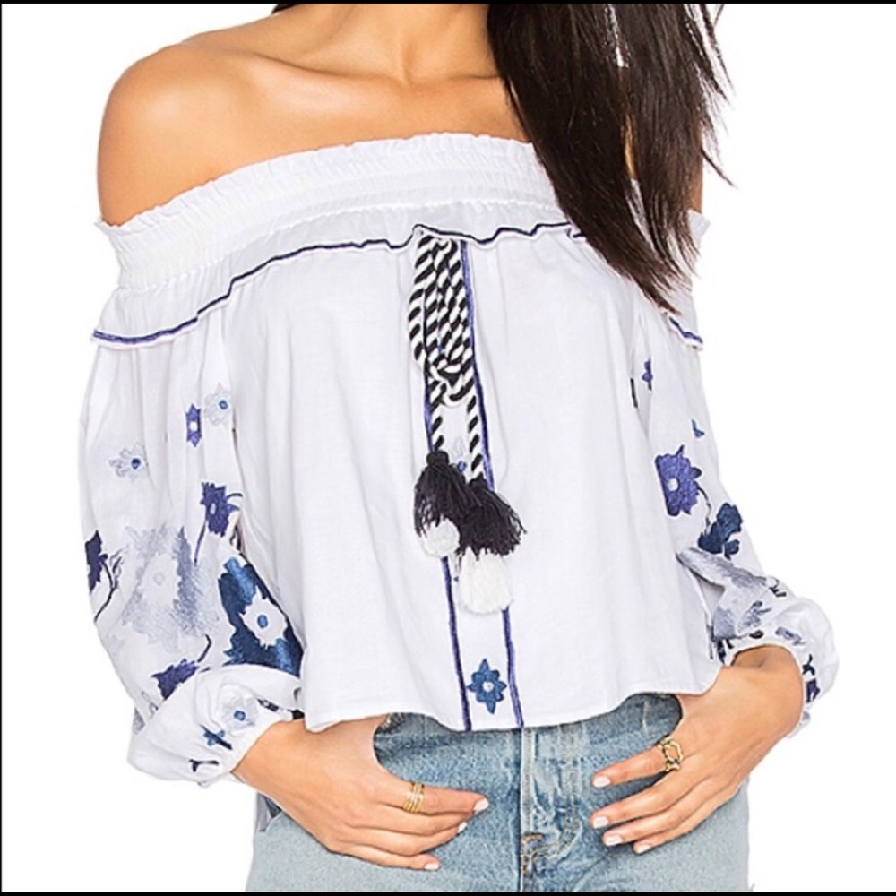 MISA Selena off the shoulder embroidered top white medium blue floral